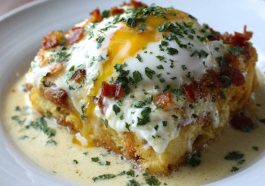 Eggs Benedict casserole topped with hollandaise sauce and garnished with fresh parsley.