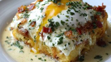 Eggs Benedict casserole topped with hollandaise sauce and garnished with fresh parsley.