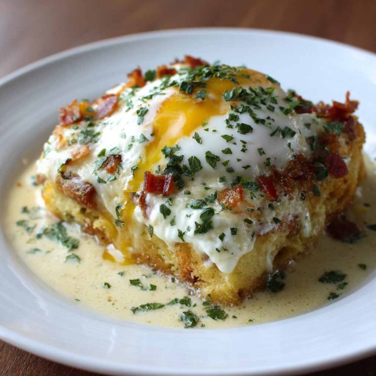 Eggs Benedict casserole topped with hollandaise sauce and garnished with fresh parsley.