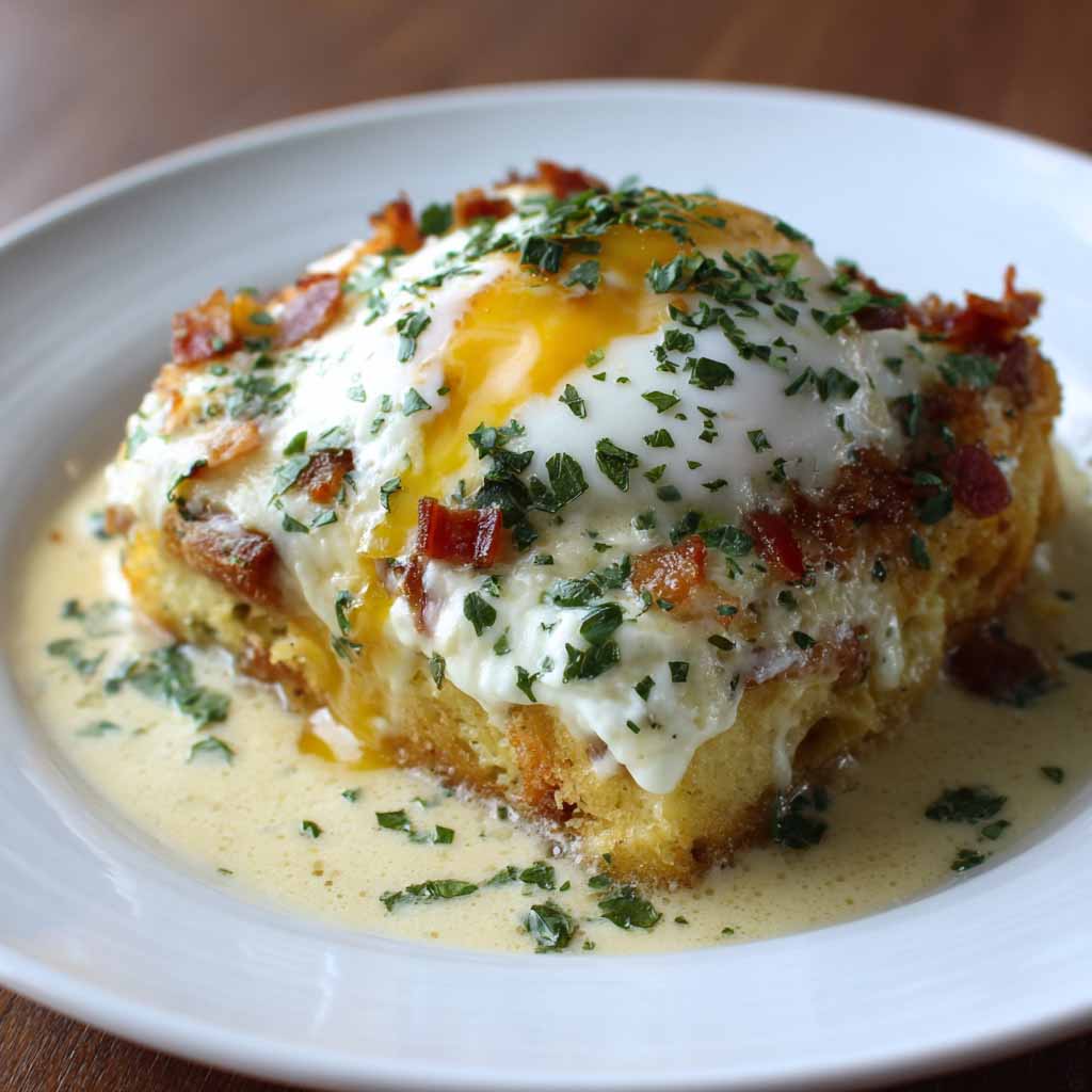 Eggs Benedict casserole topped with hollandaise sauce and garnished with fresh parsley.