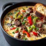“A hearty bowl of Philly cheesesteak soup filled with tender beef, peppers, onions, and melted cheese served with crusty bread.”