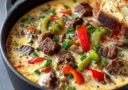 “A hearty bowl of Philly cheesesteak soup filled with tender beef, peppers, onions, and melted cheese served with crusty bread.”