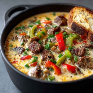 “A hearty bowl of Philly cheesesteak soup filled with tender beef, peppers, onions, and melted cheese served with crusty bread.”