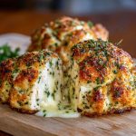 "Golden parmesan cloud chicken bombs baked to perfection, stuffed with cheesy chicken filling and topped with fresh herbs."