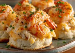 “Golden biscuit melts topped with creamy shrimp and crab filling, garnished with herbs and melted cheese.”
