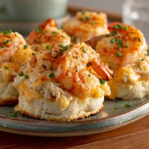 “Golden biscuit melts topped with creamy shrimp and crab filling, garnished with herbs and melted cheese.”
