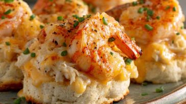 “Golden biscuit melts topped with creamy shrimp and crab filling, garnished with herbs and melted cheese.”