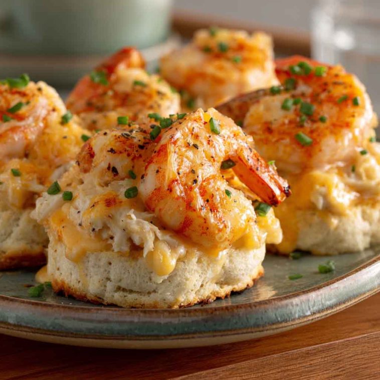 “Golden biscuit melts topped with creamy shrimp and crab filling, garnished with herbs and melted cheese.”