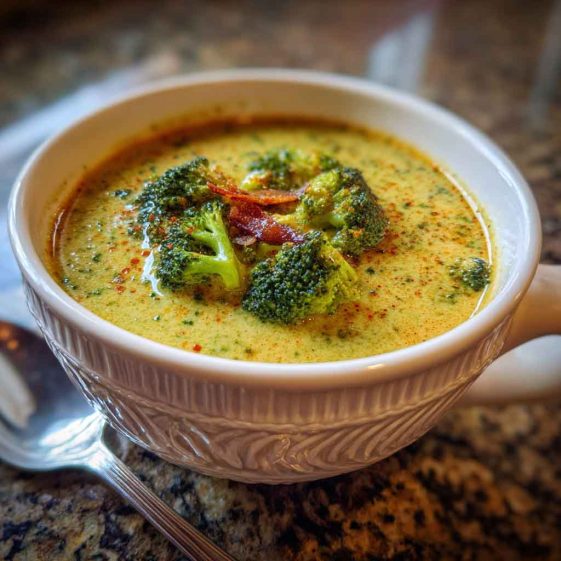 “A bowl of warming Italian broccoli soup with tender broccoli florets, garlic, olive oil, and Parmesan garnish.”