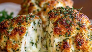 "Golden parmesan cloud chicken bombs baked to perfection, stuffed with cheesy chicken filling and topped with fresh herbs."