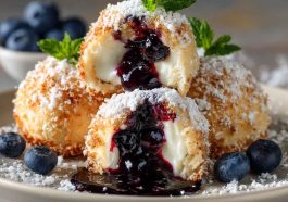 Golden blueberry pie bombs filled with sweet blueberry filling, topped with sugar glaze, perfect dessert bites.