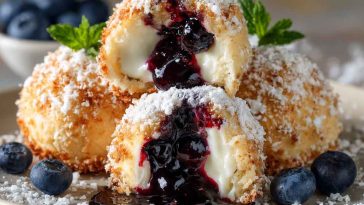 Golden blueberry pie bombs filled with sweet blueberry filling, topped with sugar glaze, perfect dessert bites.