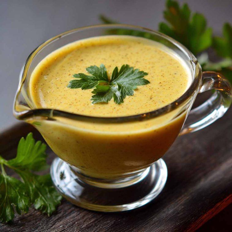 Jar of tangy mustard sauce with a spoon and fresh herbs beside it.