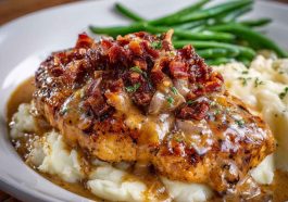 Texas Roadhouse smothered chicken topped with sautéed onions, mushrooms, melted cheese, and savory gravy.