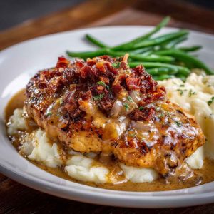 Texas Roadhouse smothered chicken topped with sautéed onions, mushrooms, melted cheese, and savory gravy.