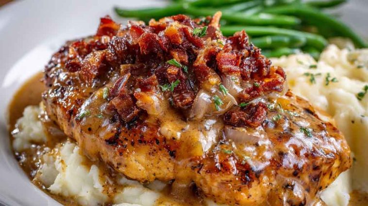 Texas Roadhouse smothered chicken topped with sautéed onions, mushrooms, melted cheese, and savory gravy.