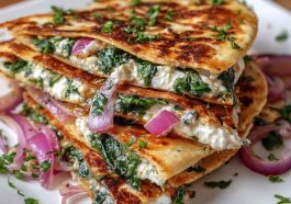 Golden Mediterranean quesadillas filled with spinach, feta, mozzarella, and red onion, cut into wedges and served with fresh herbs.