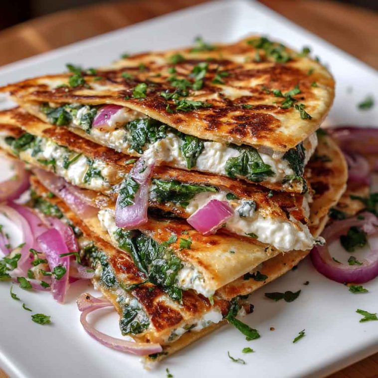 Golden Mediterranean quesadillas filled with spinach, feta, mozzarella, and red onion, cut into wedges and served with fresh herbs.