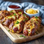 Soft baked cheesy pretzel dogs wrapped in golden pretzel dough, stuffed with melted cheese and hot dogs, served warm with dipping sauce.