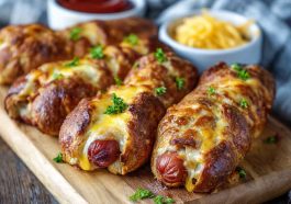 Soft baked cheesy pretzel dogs wrapped in golden pretzel dough, stuffed with melted cheese and hot dogs, served warm with dipping sauce.