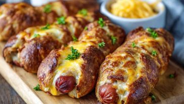 Soft baked cheesy pretzel dogs wrapped in golden pretzel dough, stuffed with melted cheese and hot dogs, served warm with dipping sauce.