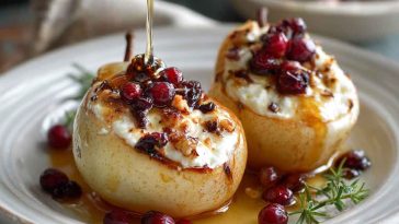 “Golden baked pears topped with creamy goat cheese, drizzled with honey, and sprinkled with cranberries on a rustic platter.”