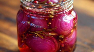 “Jar of vibrant hot honey pickled red onions with a tangy pink hue, served as a topping for tacos.”