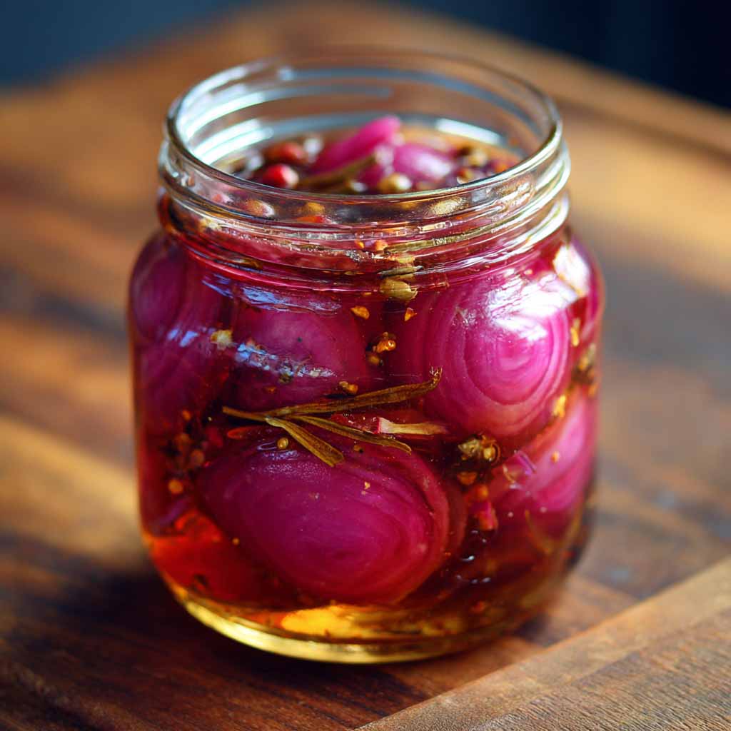 “Jar of vibrant hot honey pickled red onions with a tangy pink hue, served as a topping for tacos.”