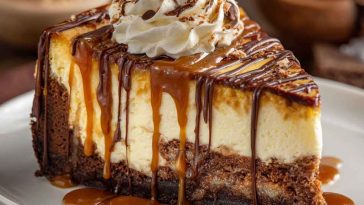 "Decadent caramel brownie cheesecake with fudgy brownie base, creamy cheesecake layer, and rich caramel drizzle."