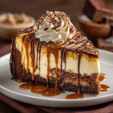 "Decadent caramel brownie cheesecake with fudgy brownie base, creamy cheesecake layer, and rich caramel drizzle."