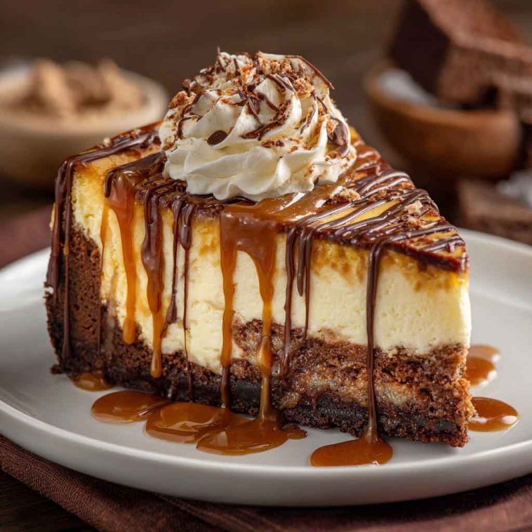 "Decadent caramel brownie cheesecake with fudgy brownie base, creamy cheesecake layer, and rich caramel drizzle."
