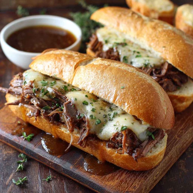 Crockpot French dip sandwich with melted cheese served alongside a bowl of au jus.