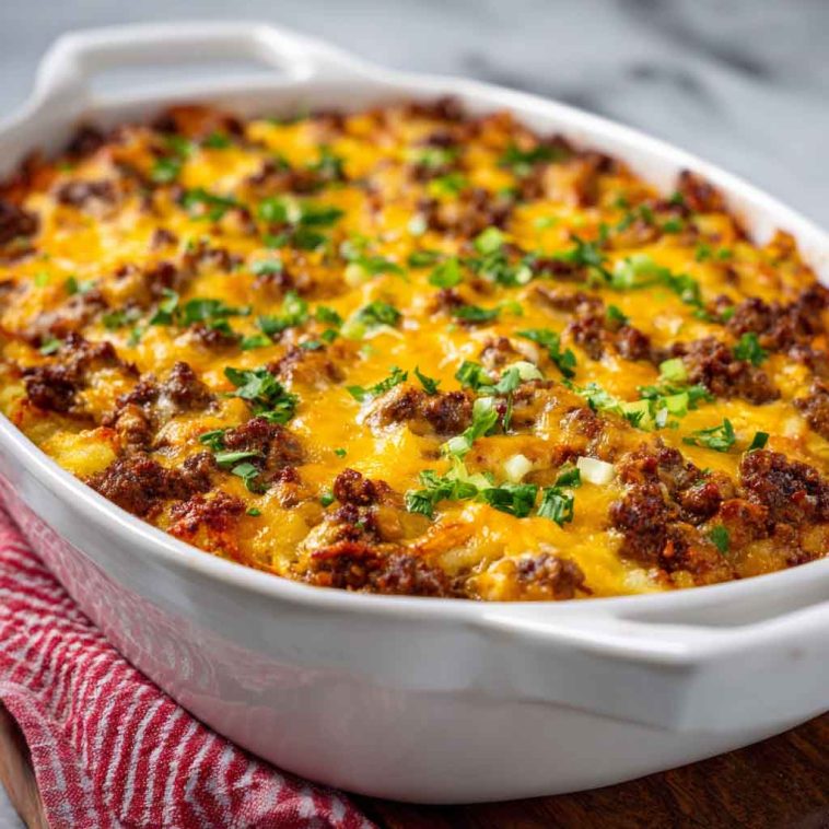 "Hearty hobo casserole made with ground beef, potatoes, cheese, and vegetables baked golden in a casserole dish."