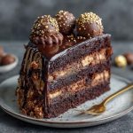 Slice of chocolate truffle cake with glossy ganache topping and chocolate shavings.