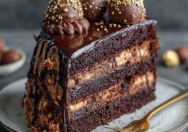Slice of chocolate truffle cake with glossy ganache topping and chocolate shavings.