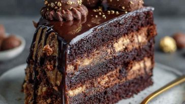Slice of chocolate truffle cake with glossy ganache topping and chocolate shavings.