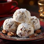 Plate of buttery pecan snowball cookies dusted with powdered sugar.