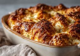 Golden croissant bake with melted cheese served warm in a rustic casserole dish.