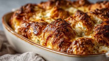 Golden croissant bake with melted cheese served warm in a rustic casserole dish.