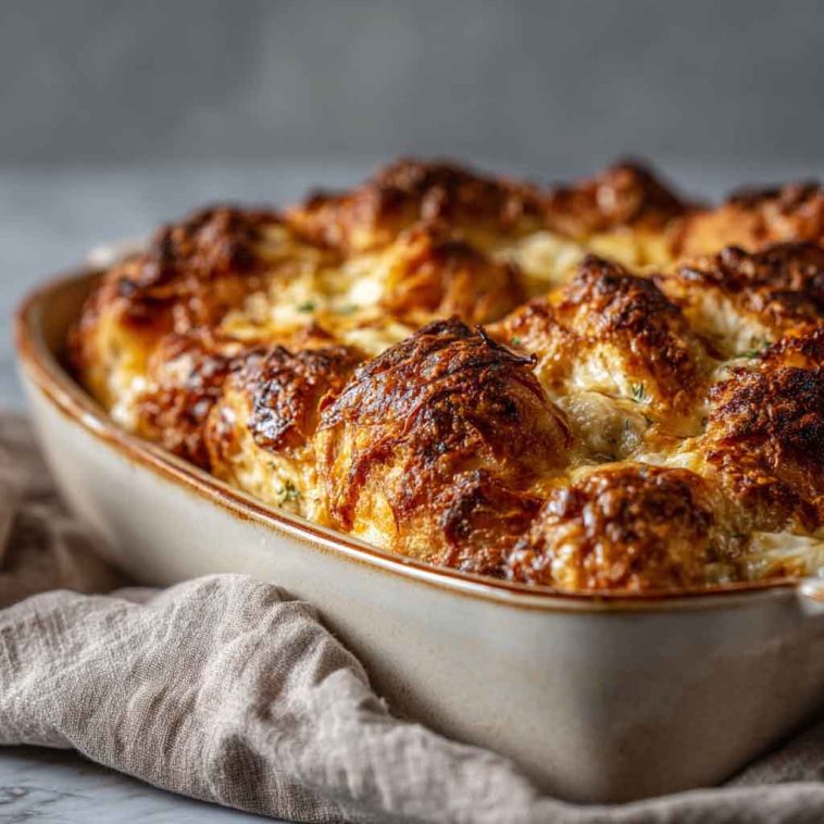 Golden croissant bake with melted cheese served warm in a rustic casserole dish.
