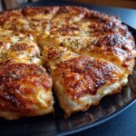 Pizza cottage cheese bake in a casserole dish, layered with cottage cheese, pasta, marinara sauce, melted mozzarella, and pepperoni, baked golden brown and garnished with fresh basil.