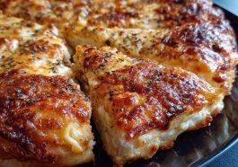 Pizza cottage cheese bake in a casserole dish, layered with cottage cheese, pasta, marinara sauce, melted mozzarella, and pepperoni, baked golden brown and garnished with fresh basil.