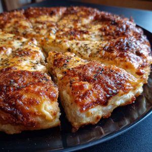 Pizza cottage cheese bake in a casserole dish, layered with cottage cheese, pasta, marinara sauce, melted mozzarella, and pepperoni, baked golden brown and garnished with fresh basil.