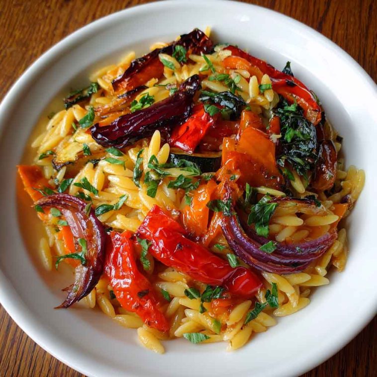 Roasted vegetable orzo served in a bowl, featuring golden roasted zucchini, bell peppers, cherry tomatoes, and tender orzo pasta tossed with olive oil and fresh herbs.