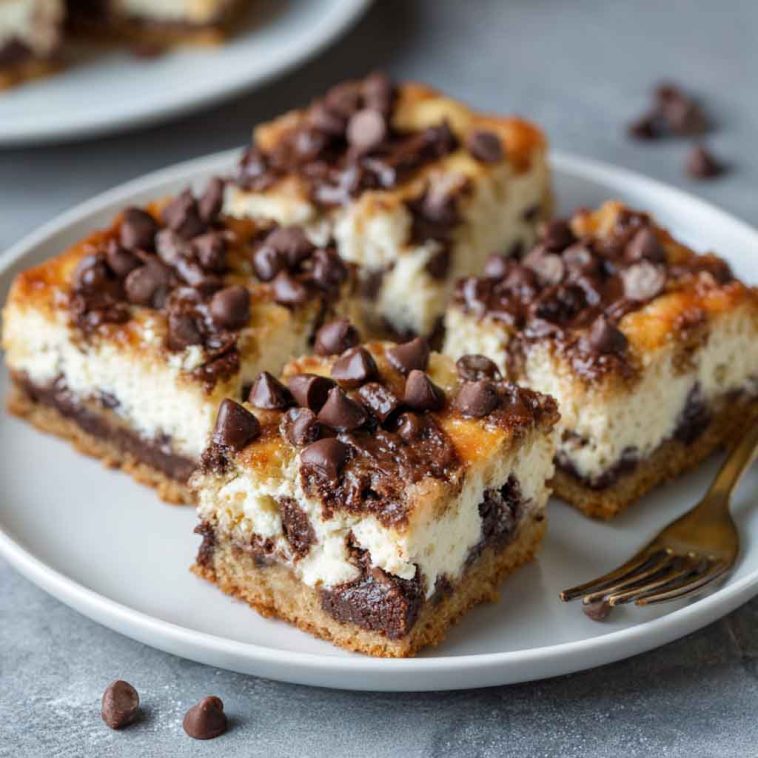 Chocolate chip cheesecake bars with a buttery crust, creamy cheesecake filling, and chocolate chips sprinkled on top, cut into squares and served on a plate.