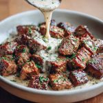 Garlic butter steak bites served in a skillet, coated in creamy Parmesan sauce with fresh herbs, ready to enjoy as a savory dinner or appetizer.
