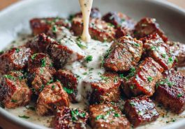 Garlic butter steak bites served in a skillet, coated in creamy Parmesan sauce with fresh herbs, ready to enjoy as a savory dinner or appetizer.