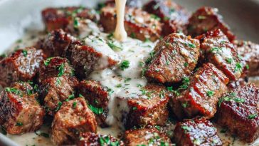 Garlic butter steak bites served in a skillet, coated in creamy Parmesan sauce with fresh herbs, ready to enjoy as a savory dinner or appetizer.