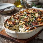 Ricotta eggplant casserole baked golden brown, layered with roasted eggplant slices, creamy ricotta cheese, marinara sauce, and topped with melted mozzarella and fresh basil.