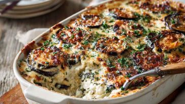 Ricotta eggplant casserole baked golden brown, layered with roasted eggplant slices, creamy ricotta cheese, marinara sauce, and topped with melted mozzarella and fresh basil.